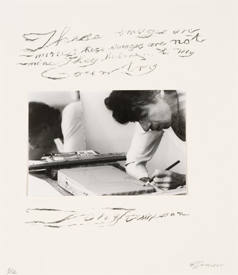 Photograph of Tony Fomison working on a lithographic stone at Muka Studio which appears on the title page for his 1984 folio produced by Muka. Collection of Christchurch Art Gallery Te Puna o Waiwhetū, purchased 1985