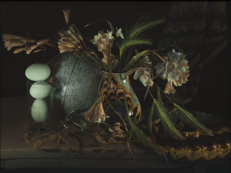 Fiona Pardington Still Life with Barley Grass and Freesia, Waiheke 2011–12. Epson hot press natural 320gsm colour photograph. Collection of Christchurch Art Gallery Te Puna o Waiwhetū, gift of Sheelagh Thompson marking her 86th birthday and honouring director Jenny Harper's dedication to Christchurch Art Gallery during the five years of its closure after the 2010-11 Canterbury earthquakes.
