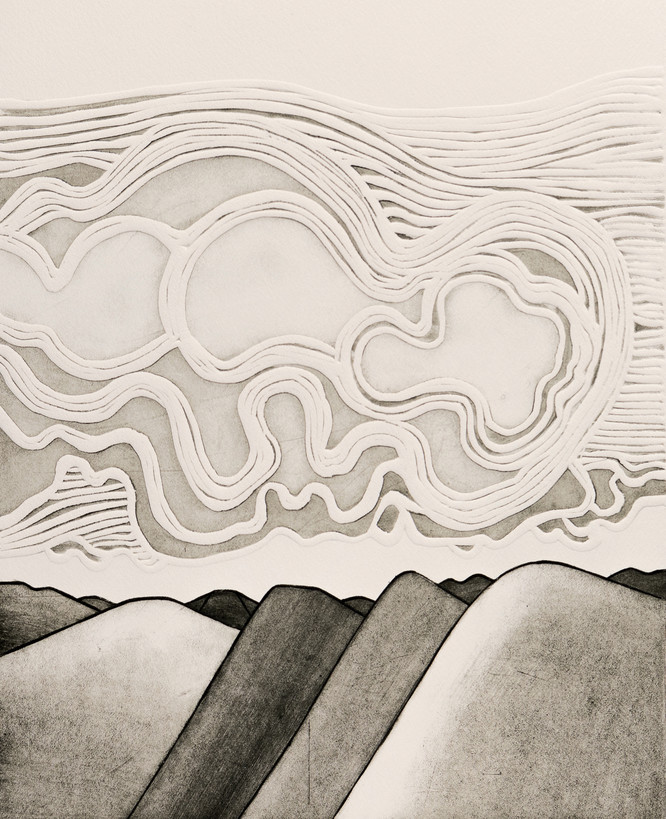 Marilynn Webb Cloud Landscape 2 (detail) 1973. Linoleum engraving. Collection of the Dunedin Public Art Gallery. Purchased 1973 with funds from the Dunedin Public Art Gallery Society