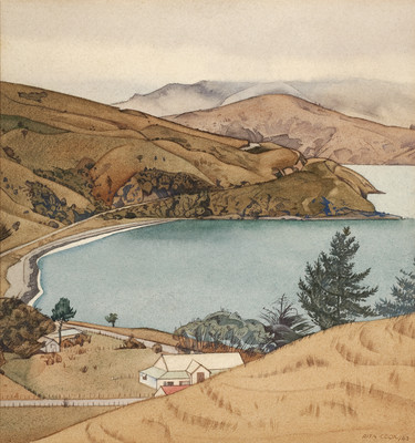 Rita Angus Wainui, Akaroa 1943. Watercolour. Collection of Christchurch Art Gallery Te Puna o Waiwhetū, N. Barrett Bequest Collection, purchased 2010  