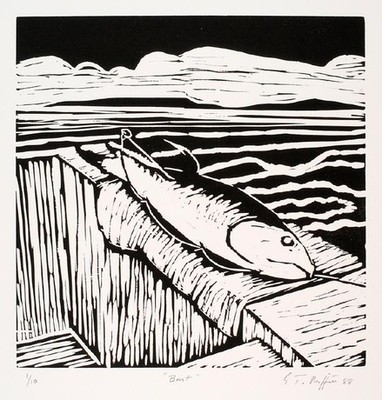 Trevor Moffitt Bait 1988. Linocut. Collection of Christchurch Art Gallery Te Puna o Waiwhetū, reproduced with permission