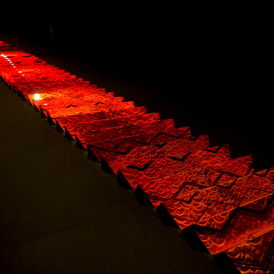 Tangaroa Birch Ara-i-te-Uru (detail) 2011. Lacquer on stainless steel. Exhibition curated by Reuben Friend at City Gallery Te Whare Toi, 26 November 2011 – 2 December 2012. Courtesy of the artist and Page Blackie Gallery. Collection of Te Manawa Museums Trust. Photo: Andrew Beck
