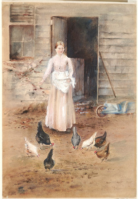 Frances Hodgkins Girl feeding poultry. Watercolour. Collection of Christchurch Art Gallery Te Puna o Waiwhetū, purchased 1958