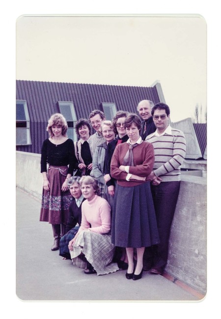 School of Fine Arts art history staff 1985. Left to right, standing: Linda Barry, Julie King, Ian Lochhead, Merle Gregor, Ann McGregor, Jillian Cassidy, Professor John Simpson, Jonathan Mane-Wheoki; kneeling: Brya Truscott, Victoria Stafford