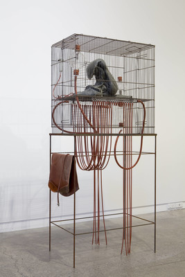 Julia Morison Some thing, for example 2011. Metal cage and stand, melted shopping bags, glass and rubber