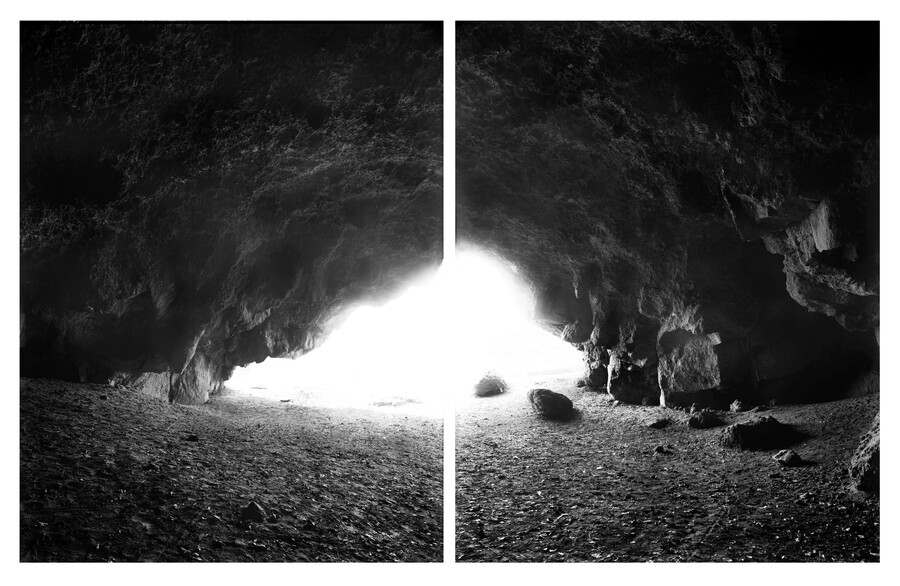 Mark Adams 19.05.1989. Te Ana o Hineraki. Moa Bone Point Cave. Redcliffs. Ōtautahi Christchurch. Te Waipounamu South Island 1989. Gold-toned silver bromide fibre-based prints. Collection of Auckland Art Gallery Toi o Tāmaki, gift of the Patrons of the Auckland Art Gallery, 2014