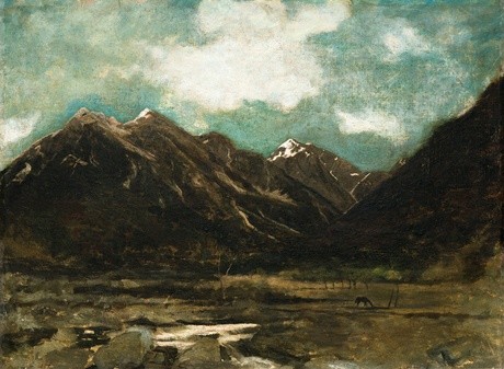 Petrus van der Velden West Coast ranges c.1893. Oil on canvas. Collection of A. Wilding. Previously on loan to Christchurch Art Gallery as part of the Van der Velden: Otira exhibition