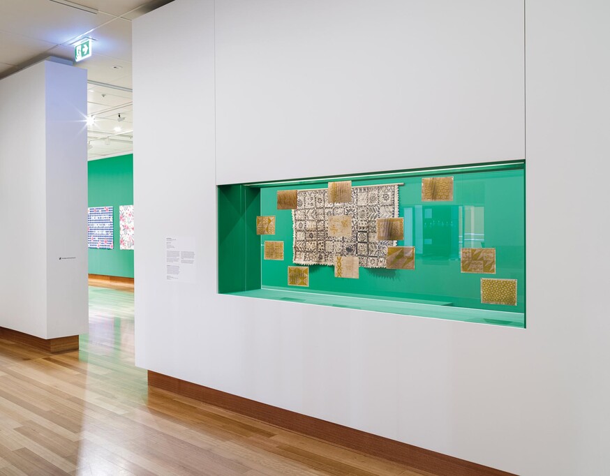 Installation view of Made in the Pacific: A Collection of Tāoga at Christchurch Art Gallery Te Puna o Waiwhetū, 2026, including objects on loan from Canterbury Museum and works by Serene Hodgman (right)