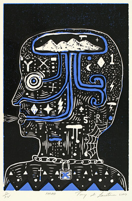 Tony de Lautour Head 2007. Woodcut. Collection of Christchurch Art Gallery Te Puna o Waiwhetū, donated to the Gallery by the Kowhai Press 2007. Reproduced courtesy of the artist