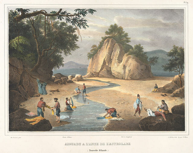 Pl. 39. Aiguade a L'Anse de L'Astrolabe. (Nouvelle Zélande.) [Watering Place at Astrolabe Cove. (New Zealand.)]