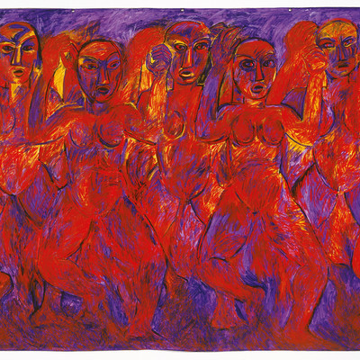 Robyn Kahukiwa Tena I Ruia1987. Acrylic on canvas. Collection of Christchurch Art Gallery, purchased 1989