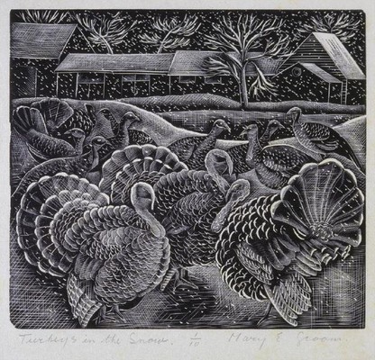 Mary E Groom Turkeys in the Snow. Wood engraving. Collection of Christchurch Art Gallery Te Puna o Waiwhetū, presented by Mr Rex Nan Kivell, 1953