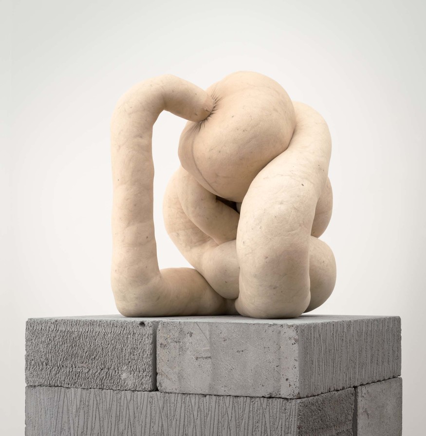 Sarah Lucas NUD CYCLADIC 1 2009. Tights, fluff, wire, concrete blocks, MDF. Collection of Christchurch Art Gallery Te Puna o Waiwhetū, purchase enabled by a gift from Andrew and Jenny Smith, made in response to the generosity of Sarah Lucas, Sadie Coles, London and Two Rooms, Auckland to the people of Christchurch on the occasion of the Canterbury Earthquake, February 2011 