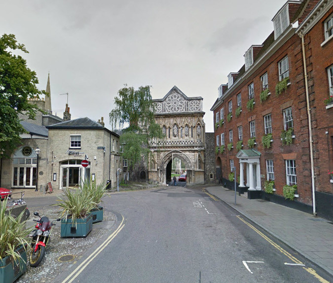 Ethelbert Gate, Norwich, with Norwich Cathedral behind.