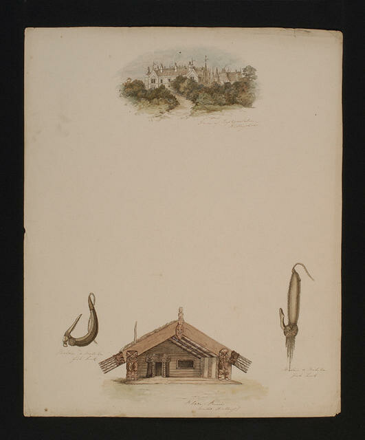 Clockwise from top House of Representatives, Wellington Matau or matika, fish hook Whare - [illegible] (Winter dwelling) Matau or matika, fish hook