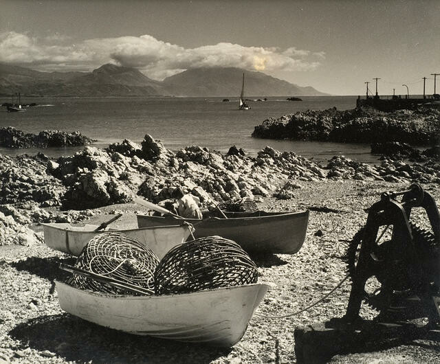 Craypots and boats near old wharf Kaikoura