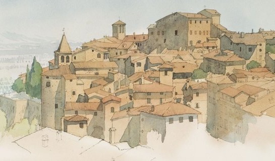 William Sutton Anghiari, From The Arezzo-Sansepolcro Road, 29 July 1974 1973–4. Watercolour. Collection of Christchurch Art Gallery Te Puna o Waiwhetū, gift of the artist, 1989
