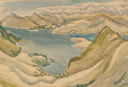 Doris Lusk Lyttelton Harbour c. 1956. Watercolour. Collection of Christchurch Art Gallery Te Puna o Waiwhetū, transferred from Christchurch City Libraries Ngā Kete Wānanga-o-Ōtautahi collection, 2001. Reproduced courtesy of the Doris Lusk Foundation
