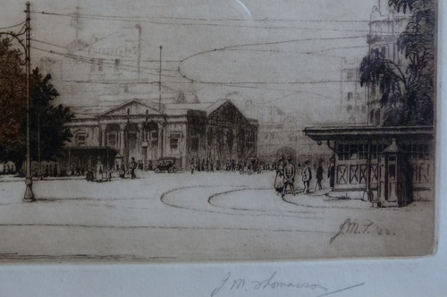 John Mills Thomasson Cathedral Square, Christchurch (detail) 1922. Etching. Collection of Christchurch Art Gallery Te Puna o Waiwhetū