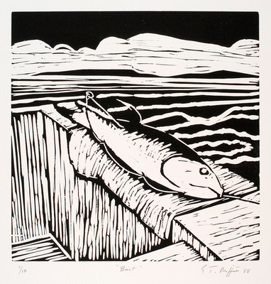 Trevor Moffitt Bait. Linocut. Collection of Christchurch Art Gallery Te Puna o Waiwhetū, reproduced with permission