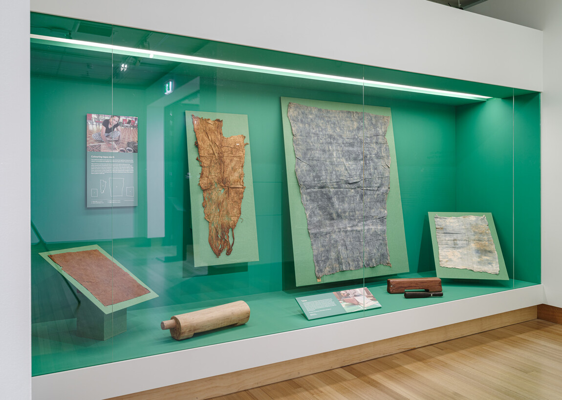 Installation view of Made in the Pacific: A Collection of Tāoga at Christchurch Art Gallery Te Puna o Waiwhetū, 2026, including objects on loan from Canterbury Museum