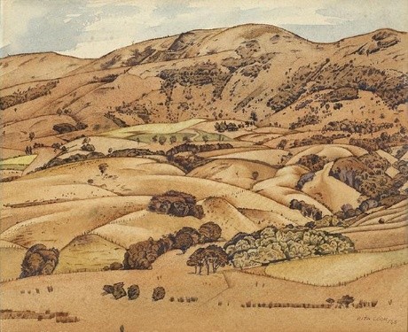 Rita Angus Akaroa Hills 1943. Watercolour. Collection of Christchurch Art Gallery Te Puna o Waiwhetū, N. Barrett Bequest Collection, purchased 2010. Courtesy of the Estate of Rita Angus