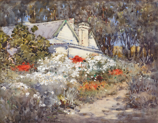 Margaret Stoddart Old Homestead, Diamond Harbour 1913. Watercolour. Collection of Christchurch Art Gallery Te Puna o Waiwhetū, purchased 1959