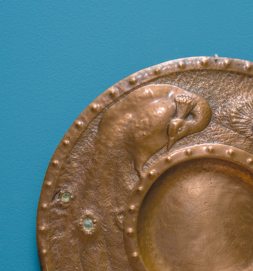 Charles Kidson Peacock Plate 1903–04. Copper and paua shell. Collection of Christchurch Art Gallery Te Puna o Waiwhetu, gift of R. J. Eltoft, 2003