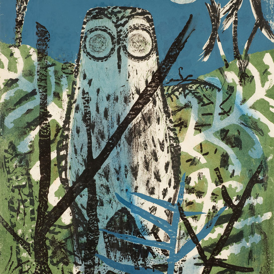 Juliet Peter Morepork and Pungas c.1963–65. Lithograph. Collection of Christchurch Art Gallery Te Puna o Waiwhetū, purchased 2010