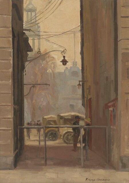 Rhona Haszard Untitled (Looking Through Strand Lane from Hereford Street, Christchurch) 1921. Oil on canvas board. Collection of Christchurch Art Gallery Te Puna o Waiwhetū, purchased 2002