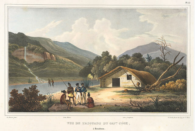 Pl. 45. Vue de L'Aiguade du Capne Cook, a Houahoua [View of the Watering Place of Captain Cook, à Houahoua]