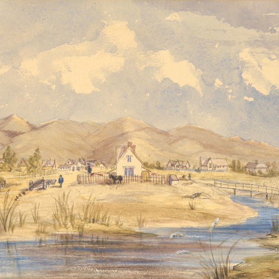 Emily Harper Christchurch from near the Gloucester Street Bridge 1857. Watercolour. Collection of Christchurch Art Gallery Te Puna o Waiwhetū, gift of the Acland family 2016