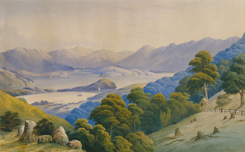 John Hoyte Akaroa Harbour c.1875. Oil. Collection of Mr D.G. Dawe, on loan to Christchurch Art Gallery Te Puna o Waiwhetū