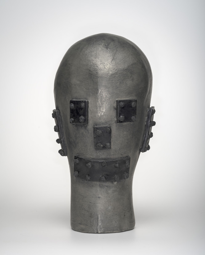 Julia Morison Headcase, 21 2015. Glazed stoneware, paint, tacks. Courtesy of the artist