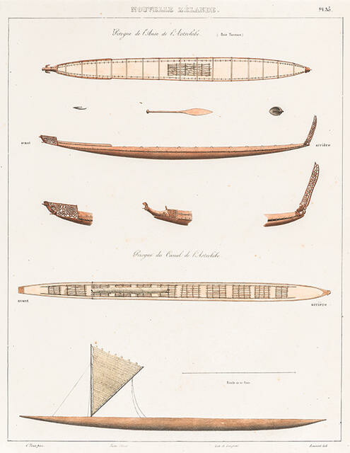 Nouvelle Zélande. Pirogue de L'Anse de l'Astrolabe. (Baie Tasman.), Pirogue du Canal de l'Astrolabe. Pl. 35