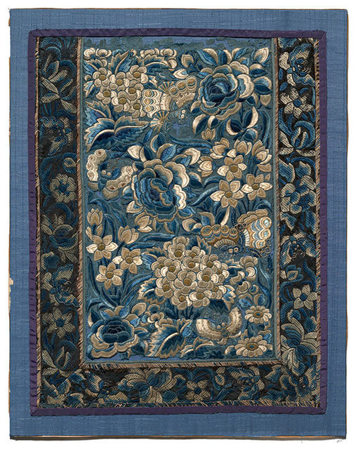 Chinese embroidered panel with flowers, moths (likely from a mandarin's robe)