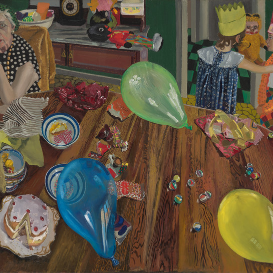 Jacqueline Fahey The Birthday Party 1974. Oil on board. Victoria University of Wellington Art Collection, purchased 1989