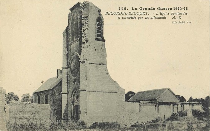 Postcard of the church at Becordel in ruins. 