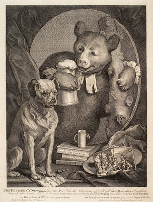 William Hogarth The Bruiser, C Churchill (once the Revd) in the Character of a Russian Hercules, Regaling himself after having Kill'd the Monster Caricatura that so Sorely Gall'd his Virtuous friend, the Heaven born Wilkes 1763. Engraving. Presented by Gordon H Brown, 1972.