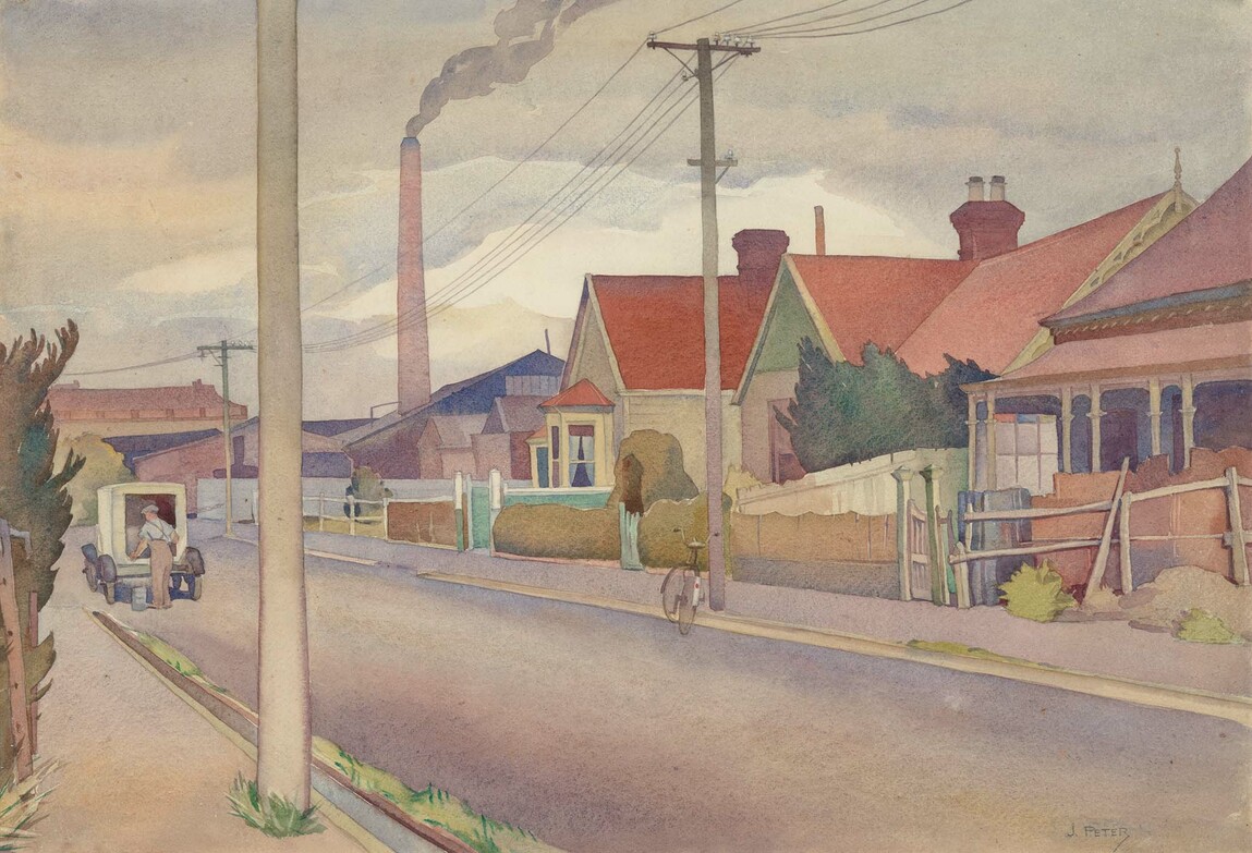 Juliet Peter Poorer Christchurch c. 1938. Watercolour. Collection of Christchurch Art Gallery Te Puna o Waiwhetū, gift of Alastair and Gaelyn (Ensor) Elliott, 2018