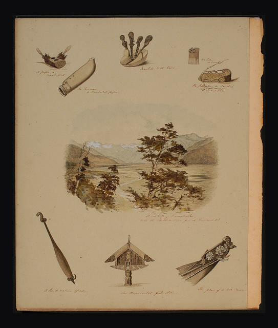  Clockwise, from top left A papa or covered dish The koauau, a musical pipe Baskets with Gods The heru , or comb The paraerae, a sandal or snow show [Illegible] head of Waimakariri, with the Southern Alps, from the West Coast Rd. The prow of a war canoe An [illegible] food-store A ko, or native spade    