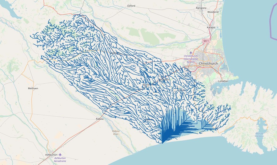 Visualisation of all waterways that drain into Lake Ellesmere. Image courtesy: Niwa