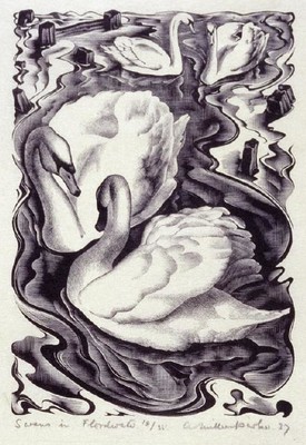 Agnes Miller Parker Swans In Floodwater 1937. Wood engraving. Collection of Christchurch Art Gallery Te Puna o Waiwhetū, presented by Mr Rex Nan Kivell, 1953Reproduced with permission