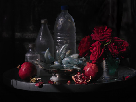 Fiona Pardington My Mother's Roses, Pomegranates and Plastic Bottles, Ripiro Beach 2013. Pigment inks on Hahnemühle paper. Image courtesy of the artist and Starkwhite, Auckland