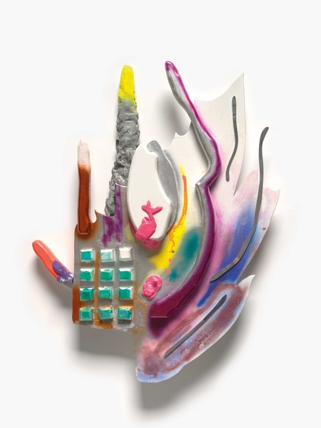 Jayden Plank Obelisk of Alien Warfare 2019. Plywood, MDF, aluminium, raku clay, pink Sculpey clay, automotive paint, glitter. Collection of the artist