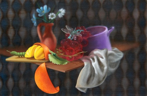 Emily Hartley-Skudder Media lounge (Still Life with Citrus and Grapes) 2013. Oil on canvas. Reproduced courtesy of the artist.