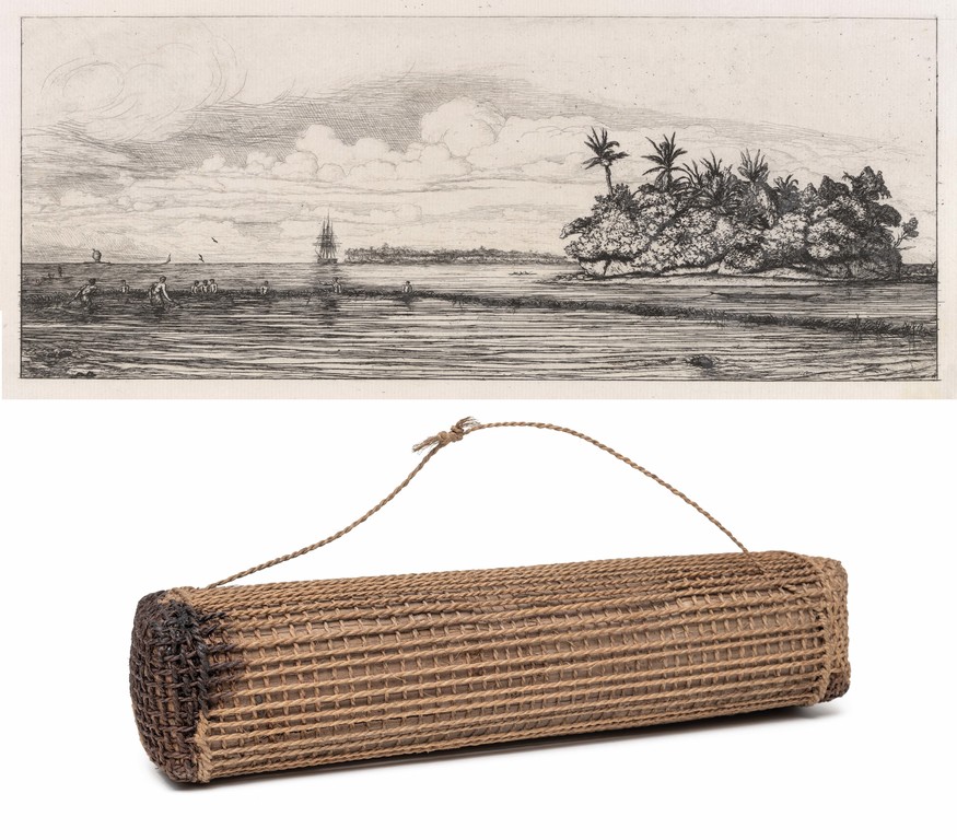 Charles Meryon Océanie, Îlots a Uvea (Wallis), Pêche aux Palmes 1845 1863. Etching. Collection of Christchurch Art Gallery Te Puna o Waiwhetū, gift of Olivia Spencer Bower, 1979Maker unknown Ration of food paste and fibre cordage. Pandanus paste wrapped in plaited pandanus leaves, tied with coconut sennit. Collection of Canterbury Museum