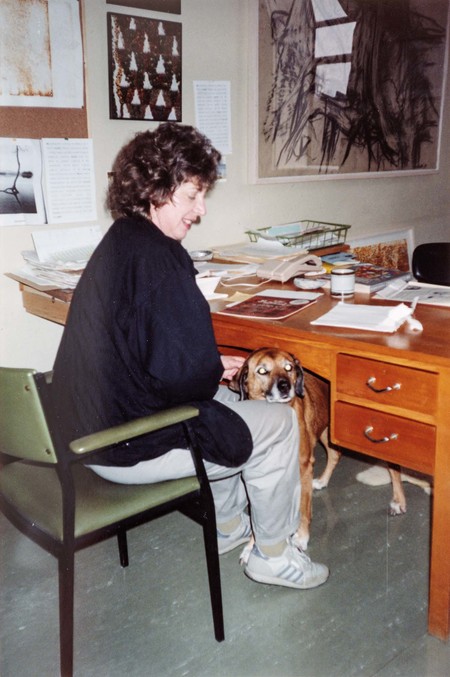 With her beloved dog Lucy at the School of Fine Arts in 1995. Photo: Jenny May