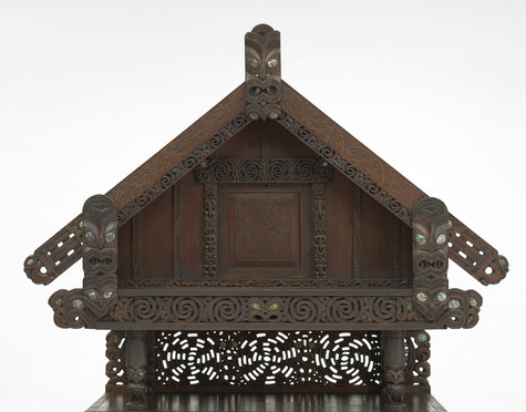 John Henry Menzies Stanford Family Pātaka Cabinet (detail) c. 1895. Wood (American walnut, kauri), pāua shell. Collections of Akaroa Museum (with assistance from the Friends of Akaroa Museum) and Christchurch Art Gallery Te Puna o Waiwhetū; jointly purchased 2019.