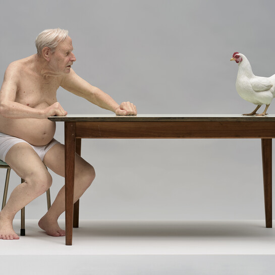 Ron Mueck chicken / man 2019. Mixed media. Collection of Christchurch Art Gallery Te Puna o Waiwhetū, purchased 2019 by Christchurch Art Gallery Foundation with assistance from Catherine and David Boyer, Friends of Christchurch Art Gallery Te Puna o Waiwhetū, Charlotte and Marcel Gray, Ben Gough Family Foundation, Jenny and Andrew Smith, Gabrielle Tasman and Ken Lawn, Christchurch Art Gallery Foundation’s London Club along with 514 other generous individuals and companies